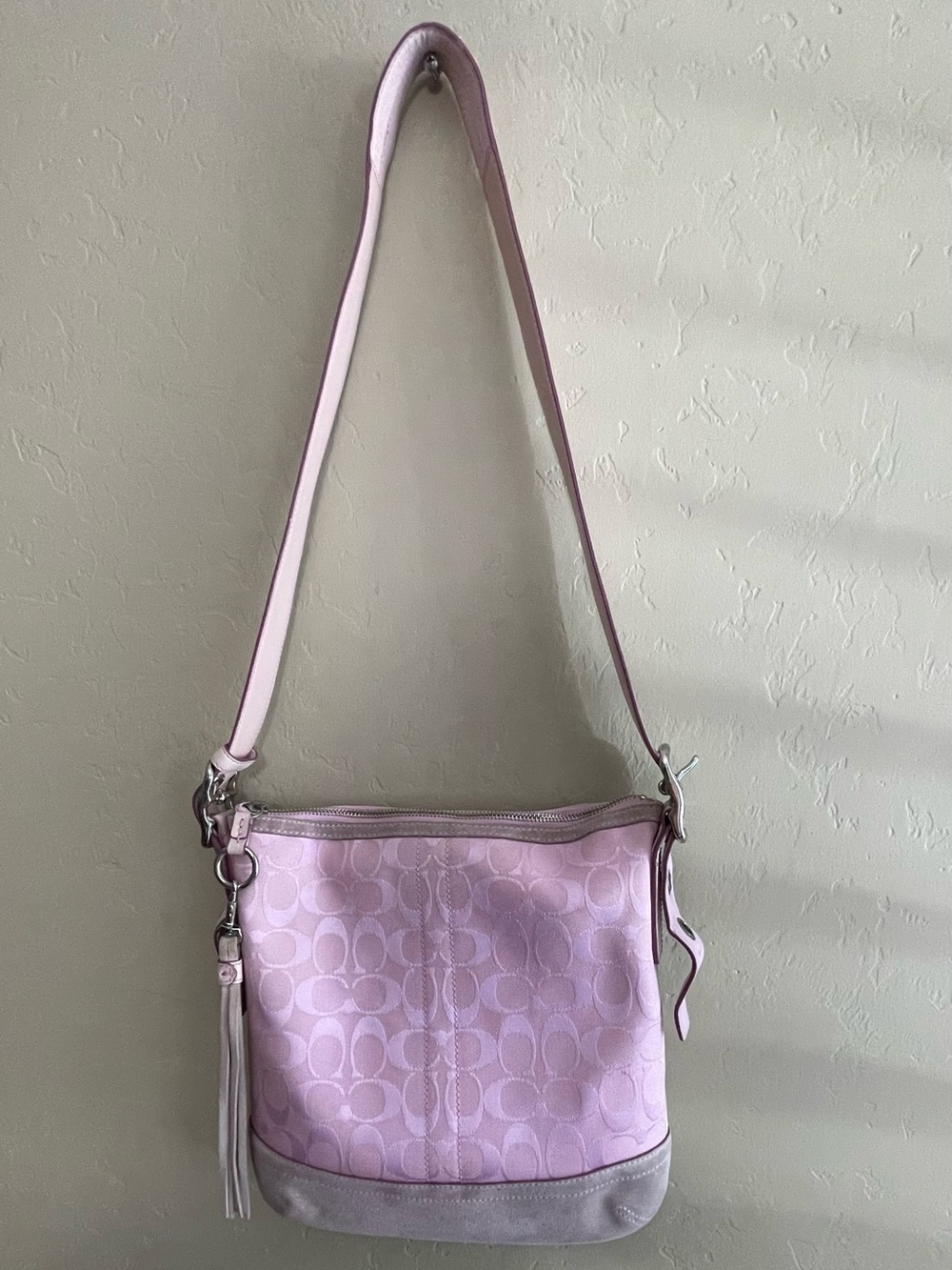 Coach Light Pink Signature Jacquard Shoulder crossbody Bag Tassel suede y2k